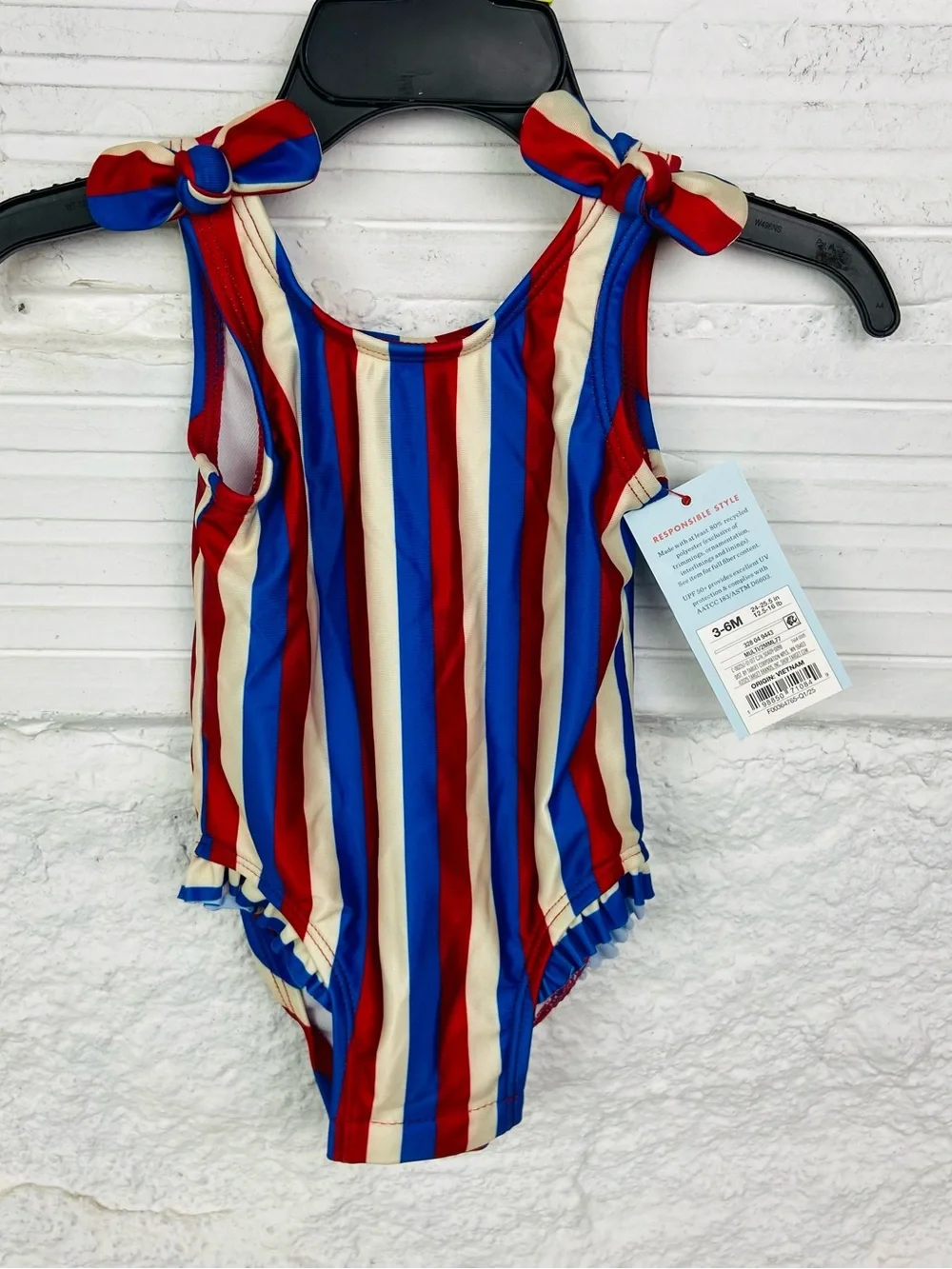 NWT cat & jack bow Striped Red, Blue & Cream One-Piece Swimsuit size 3-6 months